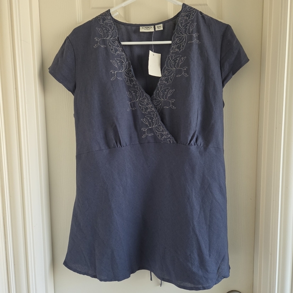 Cato Tops - Cato Navy Blue Linen Blend Embroidered V-Neck Tunic Top Empire Waist Size 14/16W